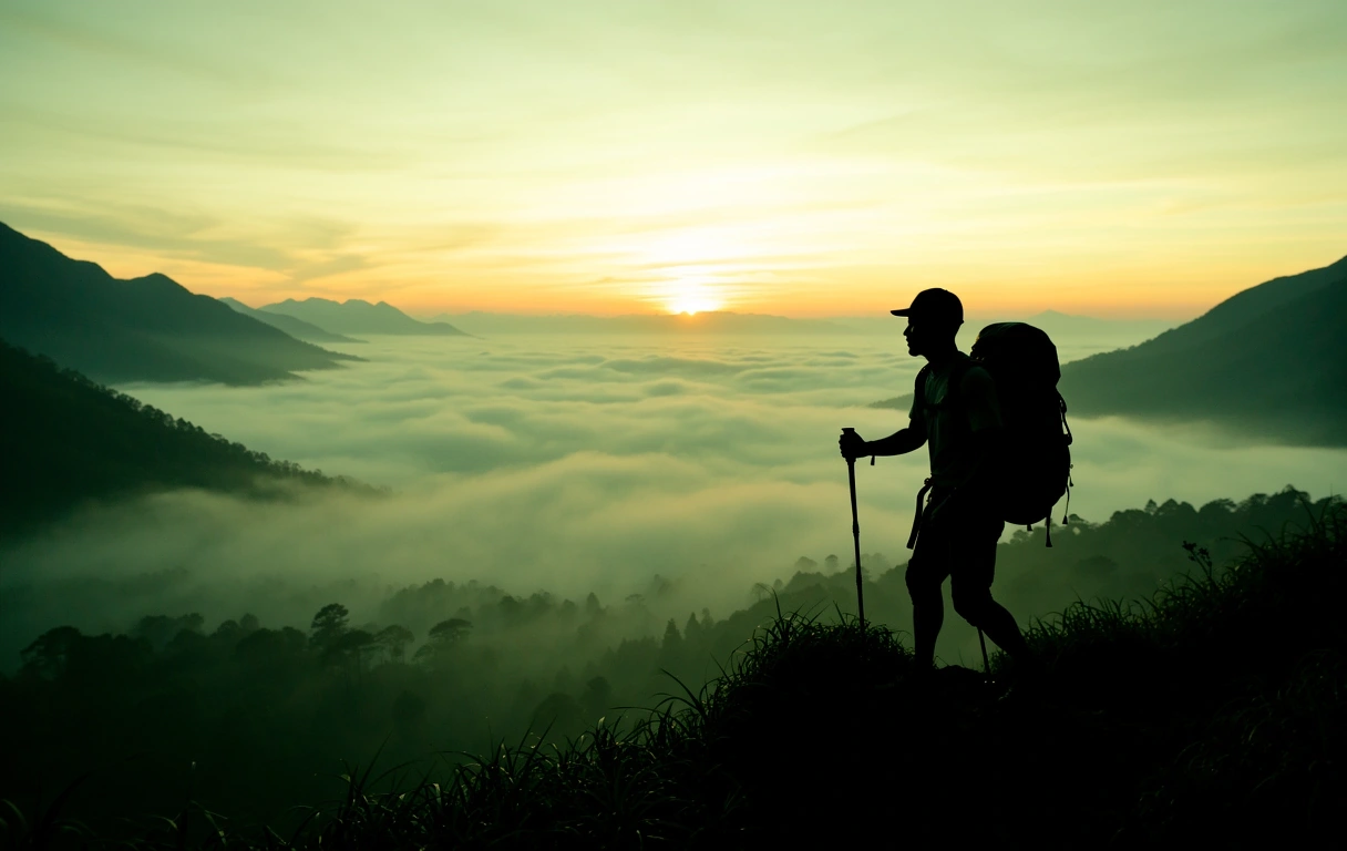 Active man trekking in Indonesia